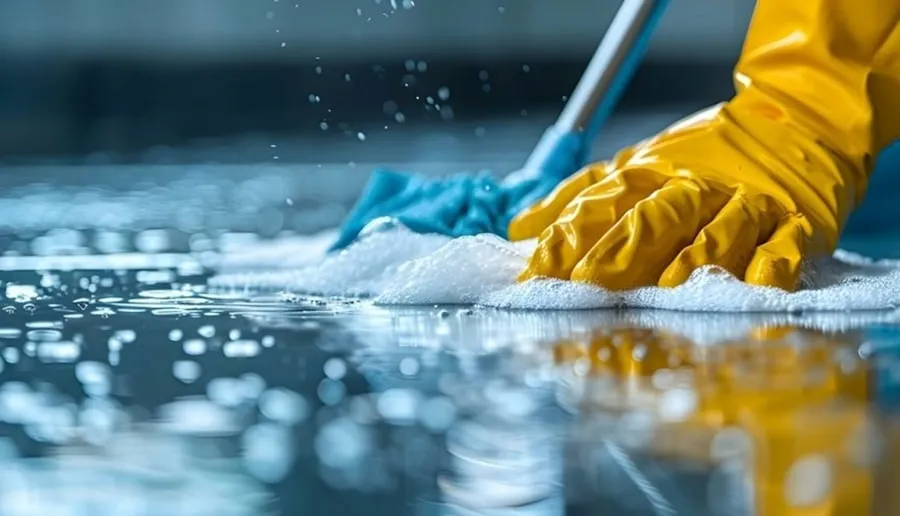 Nettoyage approfondi d’un sol à la brosse, gants jaunes
